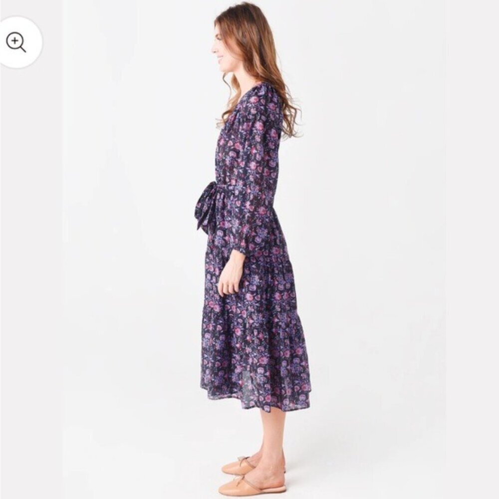 XiRENA Annieka Long Sleeve Belted Tie Midi Dress Silk Blend Floral Black Small - Picture 13 of 16